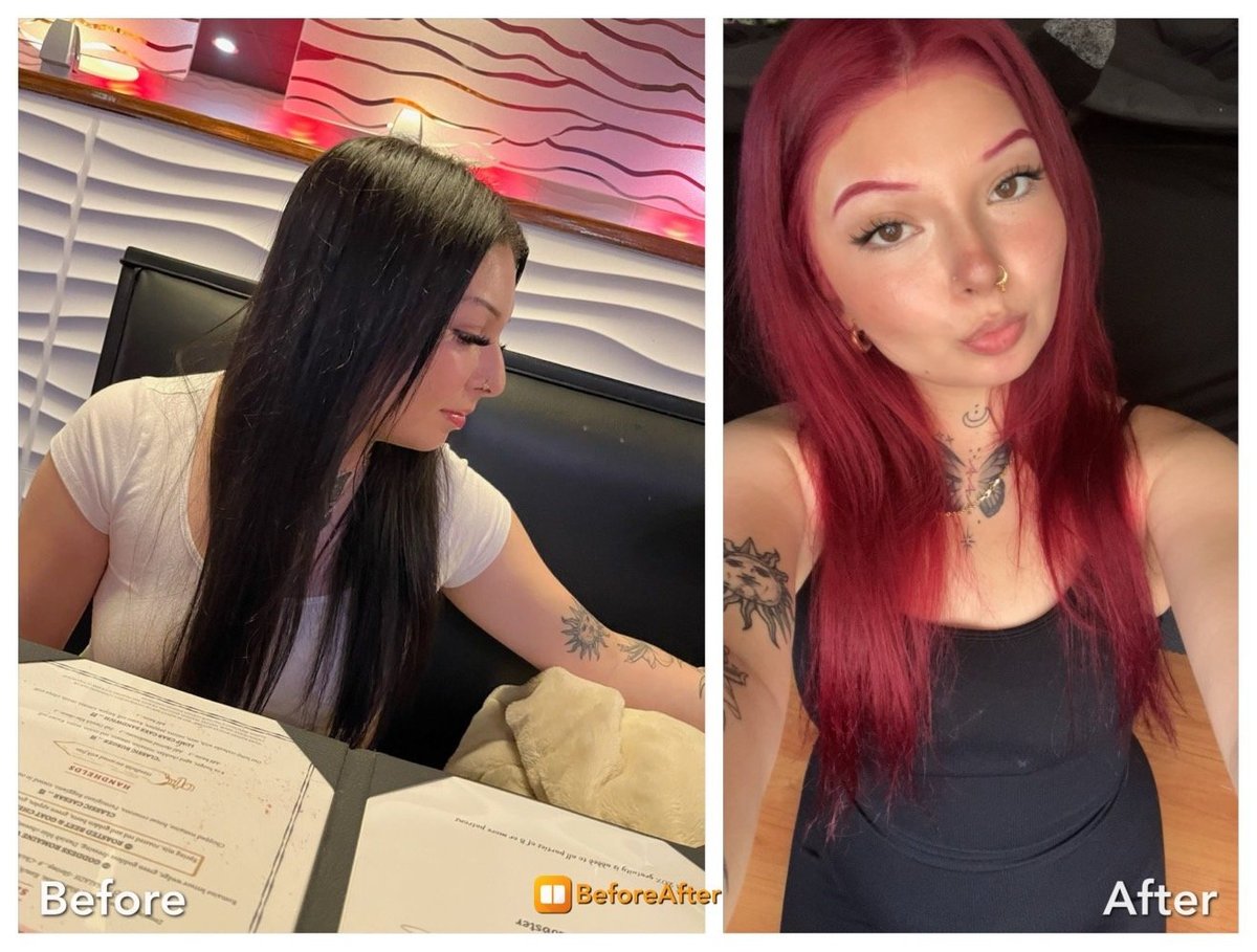 Color correction hair transformation from long black hair to vibrant red hair with makeup, full before and after view, at CC Styling Studio Bradenton