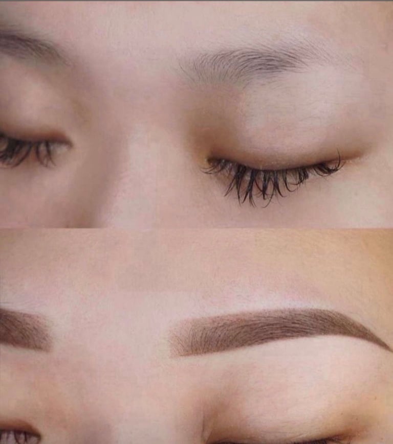 Close-up of a womans face showing defined eyebrows and dark mascara on voluminous eyelashes with eyes closed