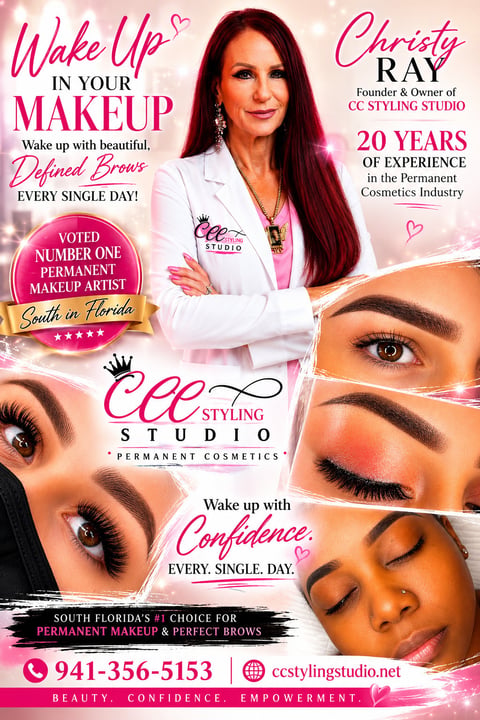 Advertisement for CC Styling Studio featuring Christy Ray, permanent makeup artist with 20 years experience, showing eyebrow and makeup techniques