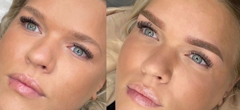 Before and after comparison of eyebrow grooming and makeup application on a woman with blue eyes