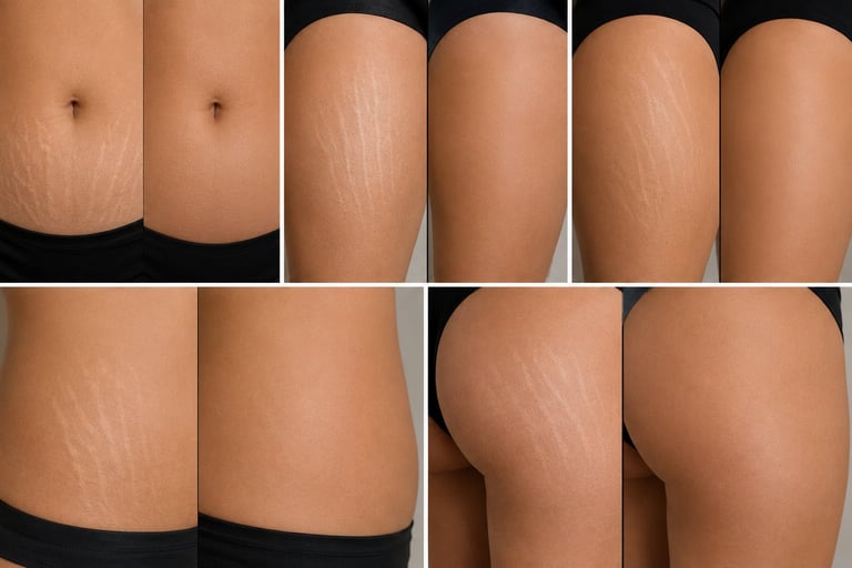 Before and after images showing skin treatment results on abdomen, legs, and buttocks areas with visible reduction in stretch marks