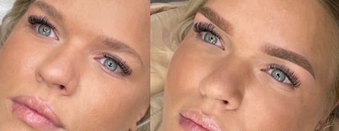 Before and after comparison of eyebrow makeup application showing fuller, more defined brows on the right