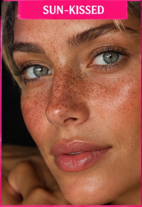 Close-up portrait of woman with sun-kissed skin, freckles, defined eyebrows, and glowing complexion