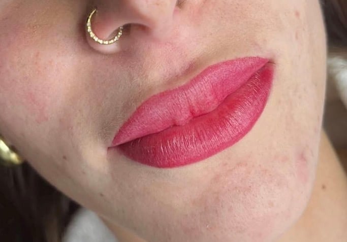 Close-up of a persons face showing bold pink lipstick application and a gold crescent moon nose ring at CC Styling Studio Bradenton FL