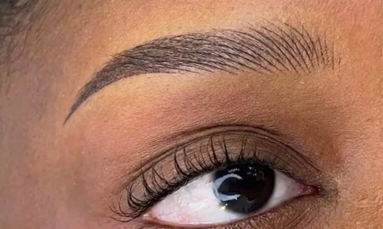 Microshading permanent eyebrow with natural hair strokes blending into a shaded tail — beautiful, soft brow result at CC Styling Studio in Bradenton, FL