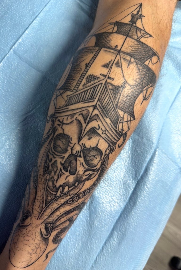 Tattoo sleeve on forearm featuring a skull at bottom, sailing ship in the middle, and decorative geometric patterns on tan skin