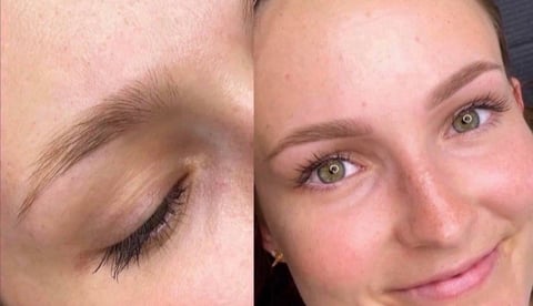 Before and after close-up comparison of eyebrow and eye makeup transformation on a womans face