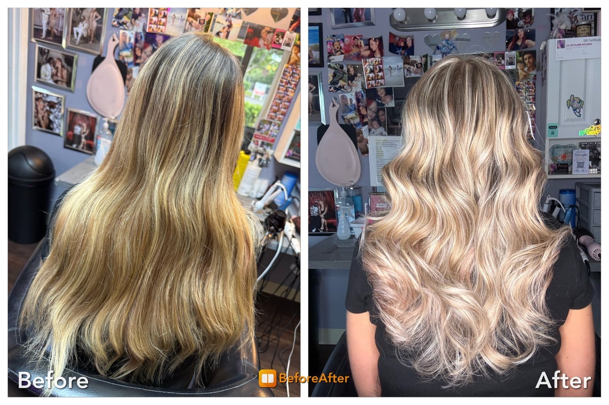 Foil highlights and lowlights hair transformation to platinum blonde with enhanced waves, full before and after view, at CC Styling Studio Bradenton
