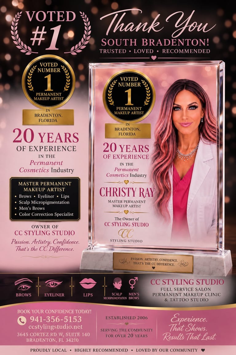 Award certificate for Christy Ray, voted number 1 permanent makeup artist in South Bradenton with 20 years of experience in the cosmetics industry