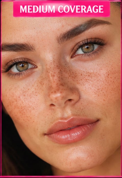 Close-up of womans face with freckles and hazel eyes demonstrating makeup application