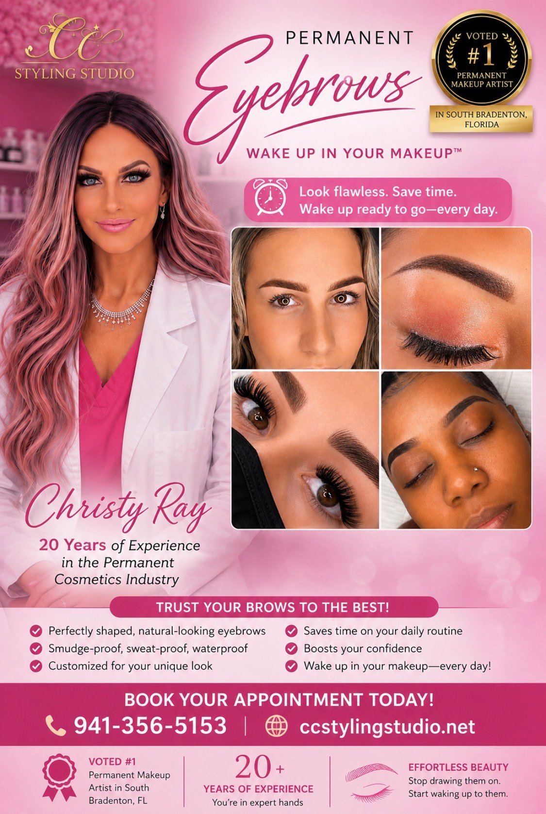 CC Styling Studio permanent eyebrows advertisement featuring Christy Ray with 20 years experience. Shows before and after eyebrow results and contact information.