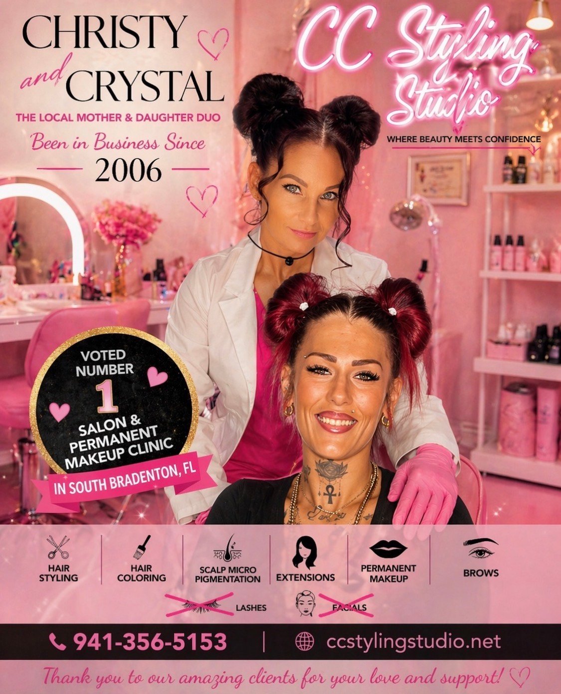 Two women with styled bun hairstyles in a pink salon setting promoting CC Styling Studio in South Bradenton, FL. Business established 2006.