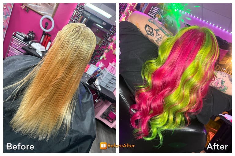 Before and after hair transformation showing blonde hair styled into bright pink and neon yellow layered waves - before