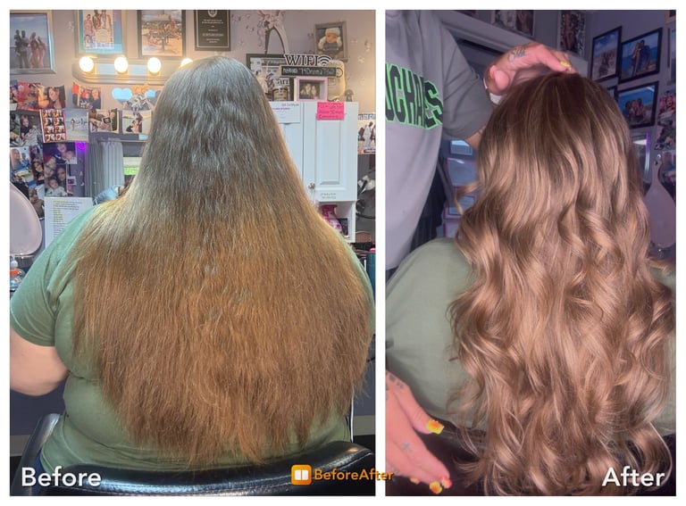 Before and after hair transformation showing long straight brown hair transformed into long wavy rose gold hair with improved shine and texture - before