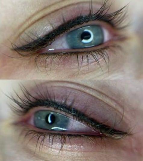 Close-up of two eyes with blue-green irises, dark eyeliner, and false lashes demonstrating makeup before and after application