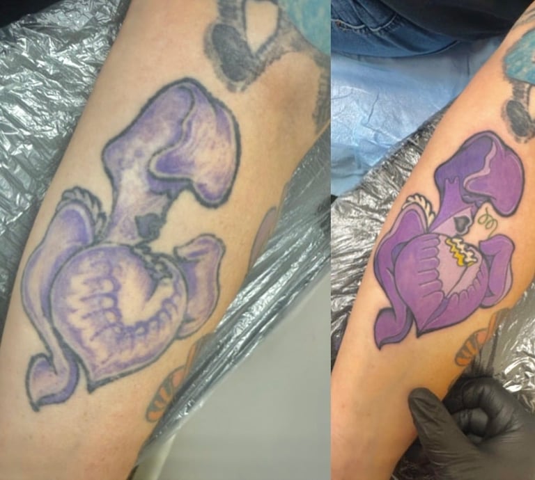 Before and after of a purple orchid flower tattoo being covered up and redesigned with improved color and detail on an arm