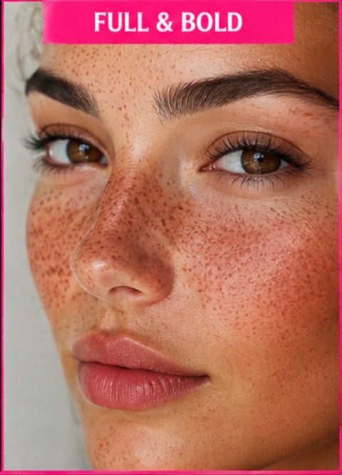 Close-up portrait of woman with freckles, full bold eyebrows, and brown eyes looking toward camera