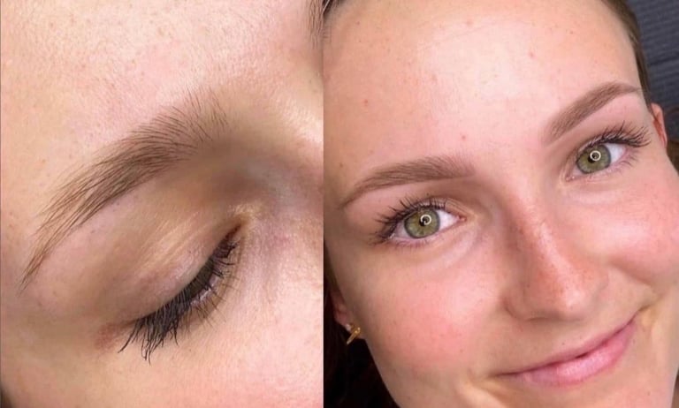 Before and after photo of a beautiful natural ombre powder brow — permanent eyebrow transformation at CC Styling Studio in Bradenton, FL