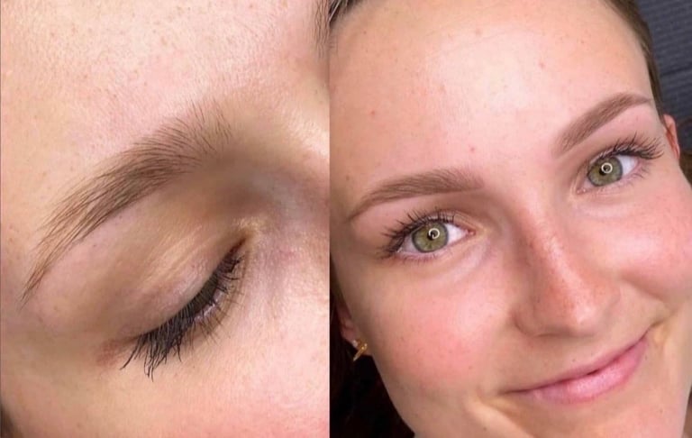 Before and after comparison of eyebrow microblading, showing natural arched brows on a womans face