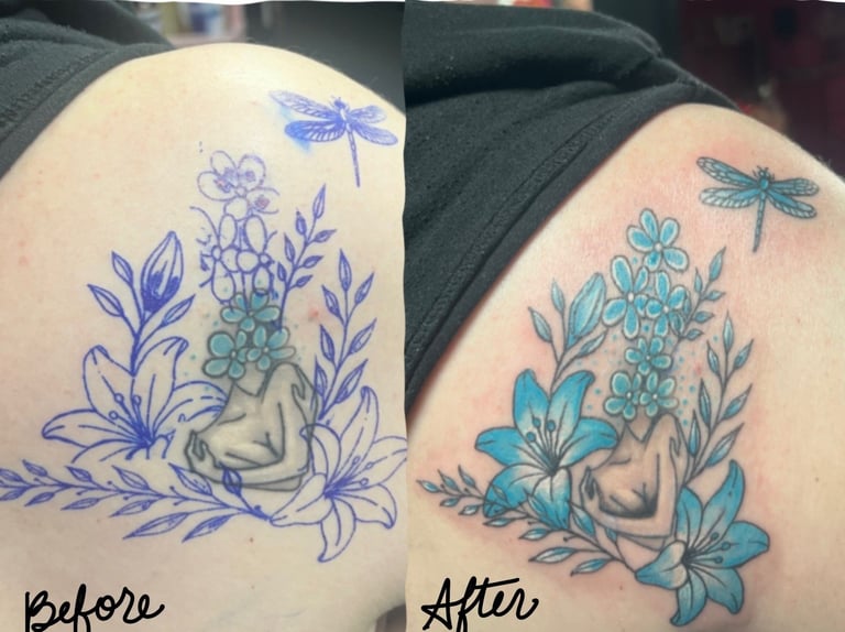 Before and after comparison of a floral tattoo with a rose, dragonfly, and blue flowers, showing the design before and after coloring