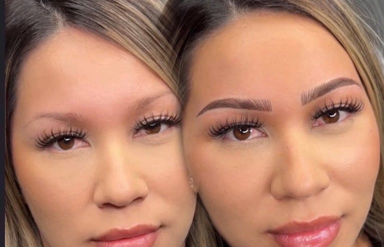 Before and after combination brows blending microbladed hair strokes with soft powder shading for fuller, natural-looking eyebrows at CC Styling Studio in Bradenton, FL