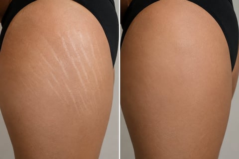Before and after comparison showing stretch mark treatment results on a persons thigh, with visible improvement on the right side