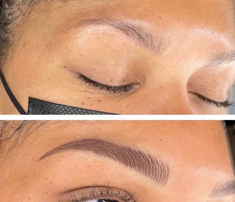 Before and after microshaded powder brows showing natural-looking defined brows at CC Styling Studio in Bradenton, FL
