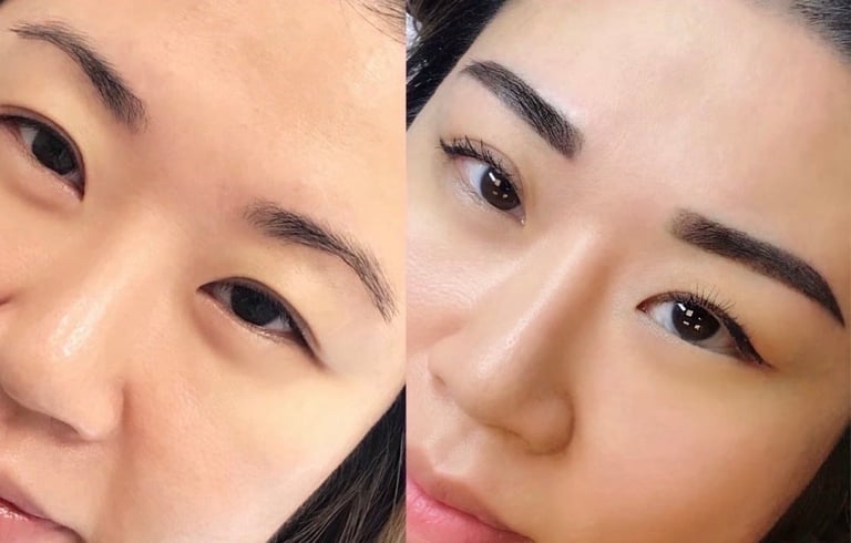 Before and after comparison of eyebrow microblading treatment showing enhanced brow definition and color