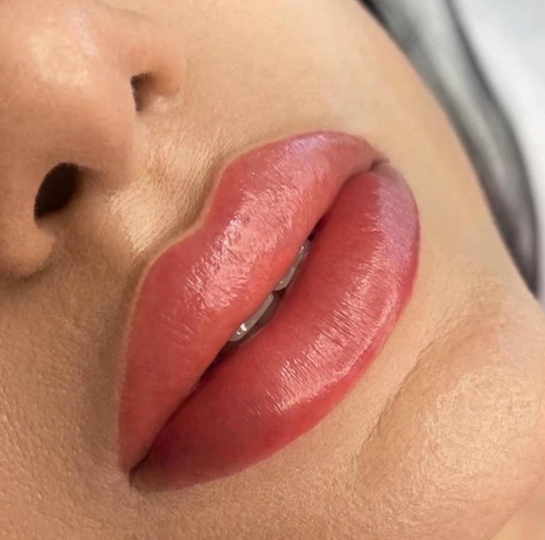 Close-up of a persons lips with a rose-red lipstick shade and natural skin tone at CC Styling Studio Bradenton FL