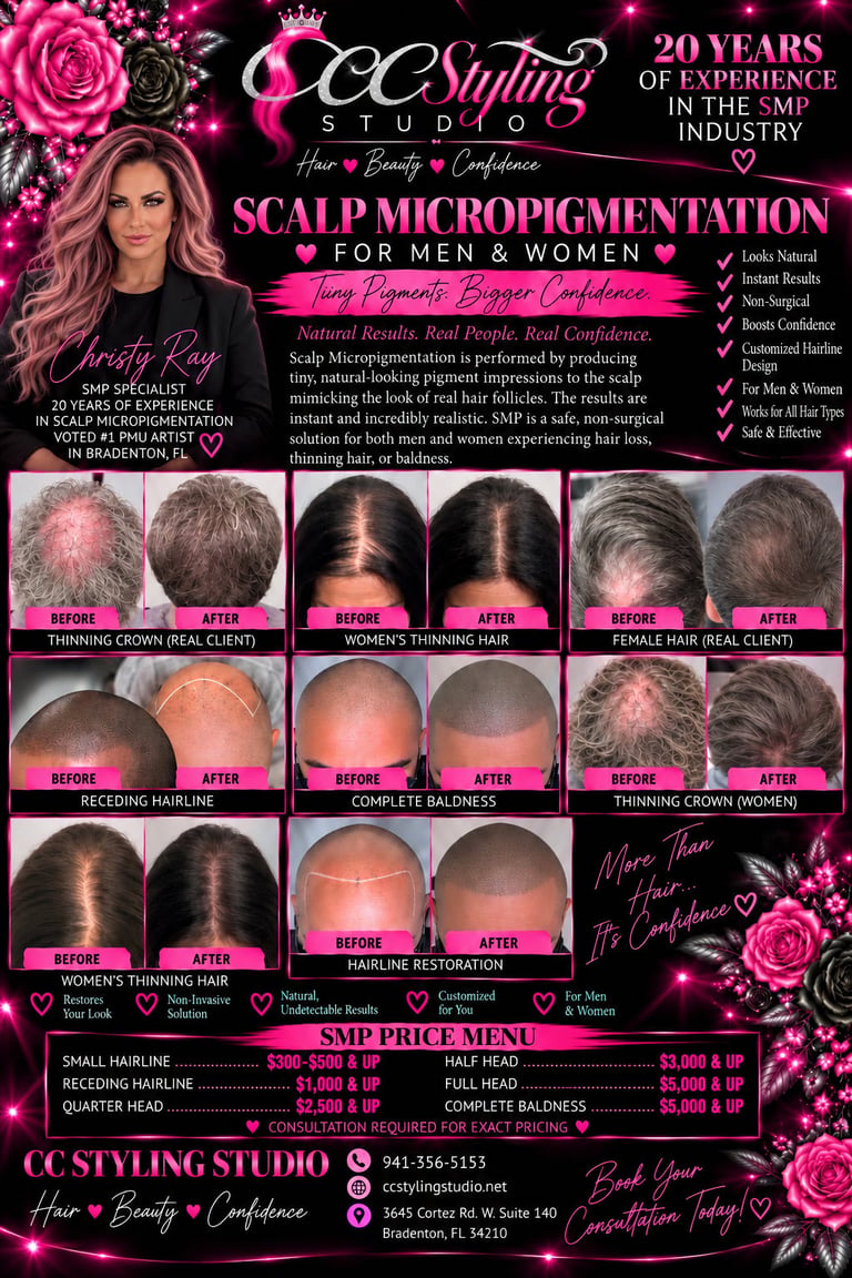 CC Styling Studio scalp micropigmentation promotional poster showing before and after results for hair loss treatments with pricing and contact information