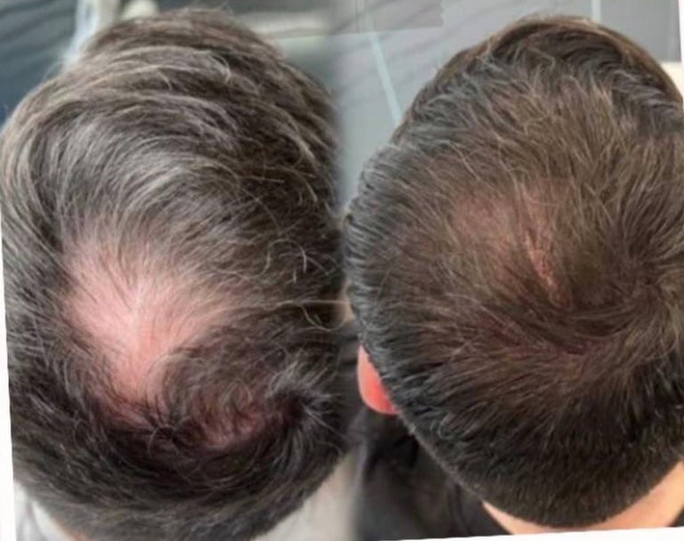 Before and after view of hair loss treatment showing regrowth on male scalp comparing bald spot to fuller hair coverage at CC Styling Studio