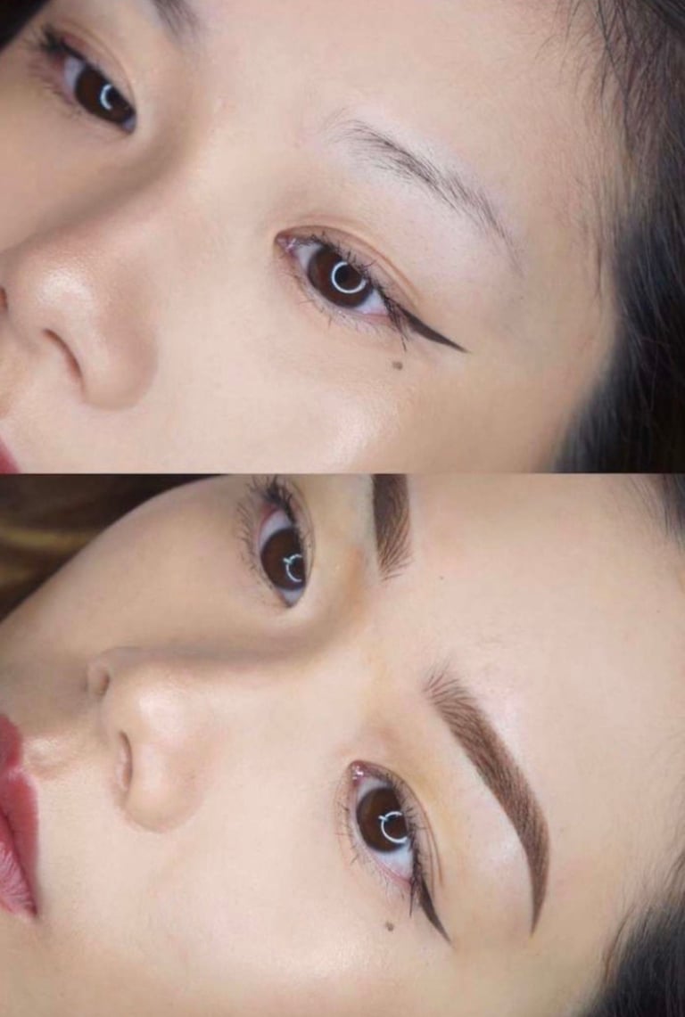 Before and after ombré eyebrow tattoo showing natural feathered brows with a defined shape at CC Styling Studio in Bradenton, FL