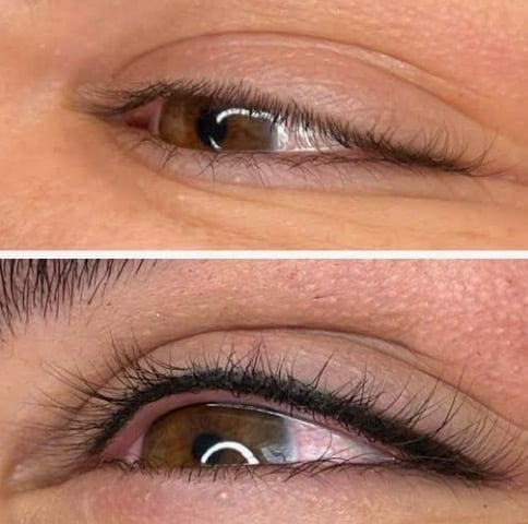 Before and after comparison of eyelid makeup application showing enhanced eye definition with eyeliner and eyeshadow