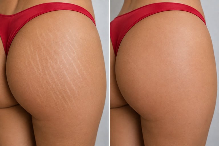 Before and after comparison showing skin appearance and texture on lower body