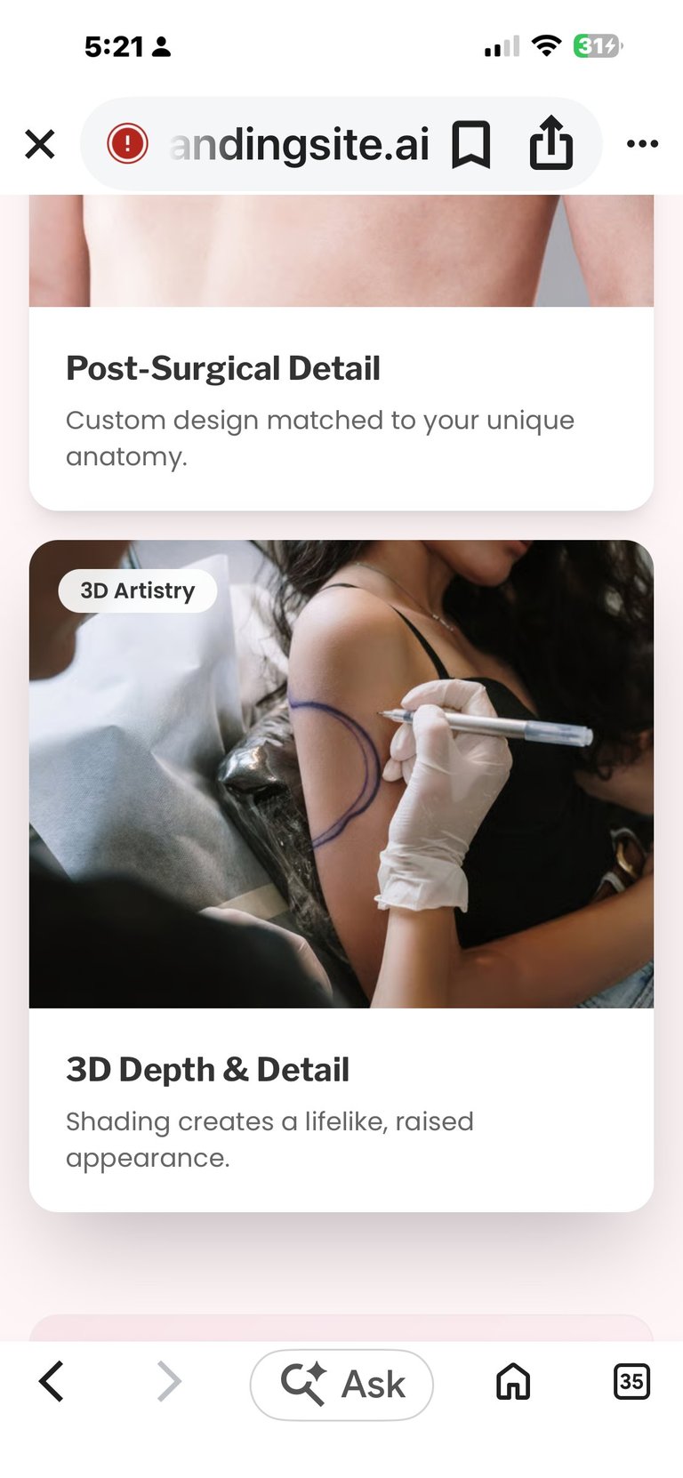 Mobile app showing post-surgical tattoo design details with anatomical customization and 3D artistry techniques being applied by a professional artist