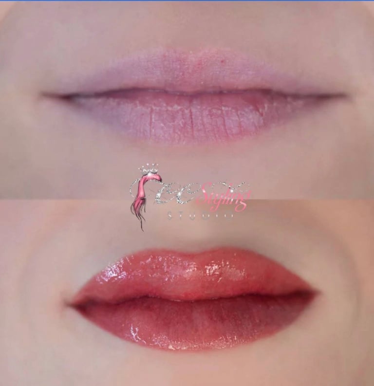 Before and after lip makeup comparison showing natural mauve lips above and vibrant red glossy lips below at CC Styling Studio