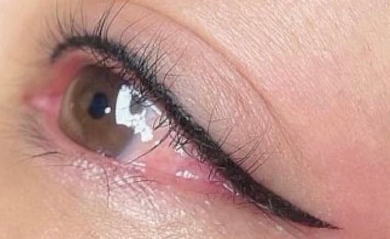 Close-up of a persons eye with brown iris, featuring pink and burgundy eyeshadow and black eyeliner at CC Styling Studio Bradenton FL