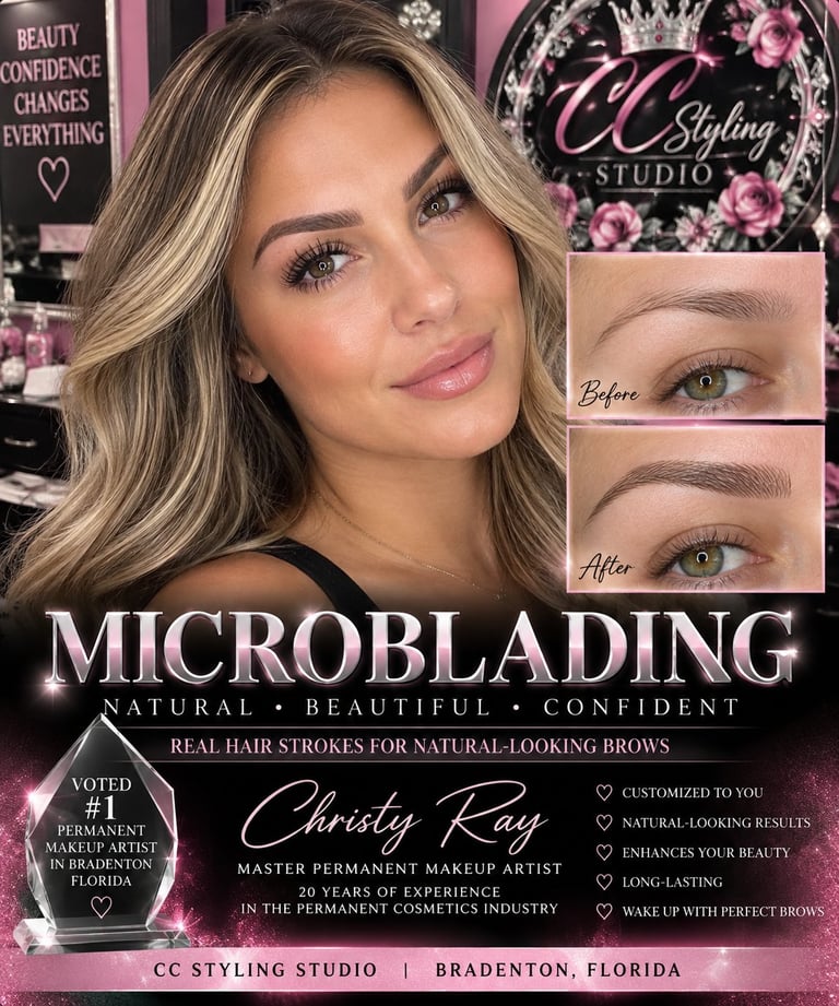 Microblading before and after eyebrows in Bradenton FL — natural hair-stroke permanent eyebrow results by permanent makeup artist Christy Ray at CC Styling Studio