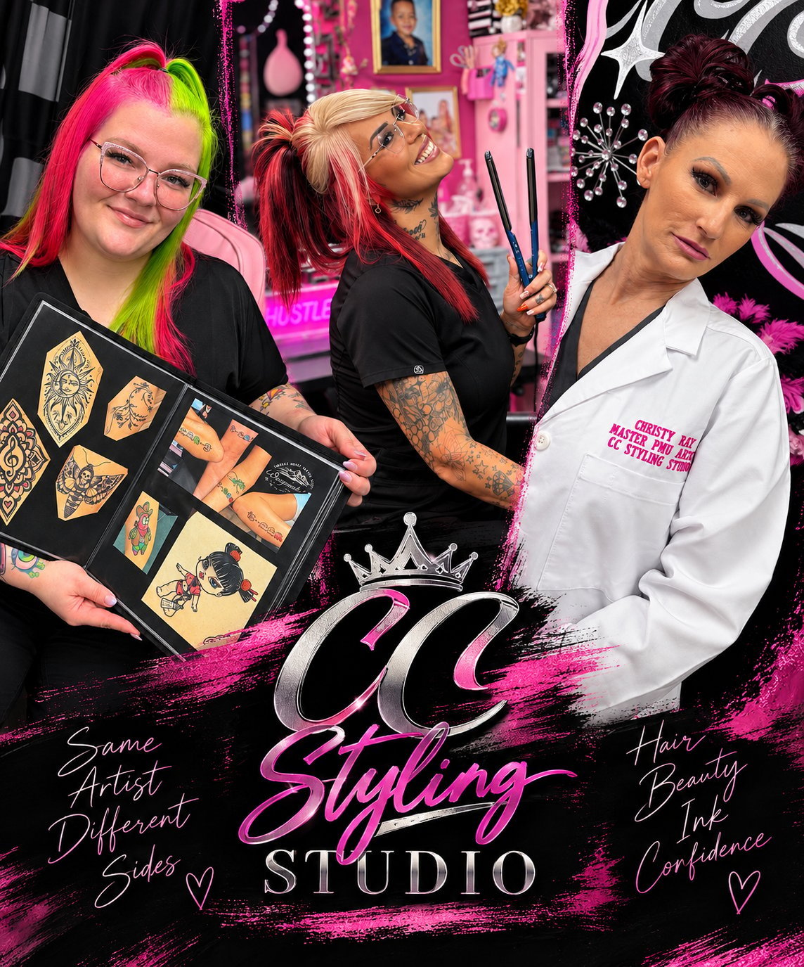 Three women at CC Styling Studio with pink and black neon decor; one displays tattoo designs, another holds scissors, and the third wears a white coat