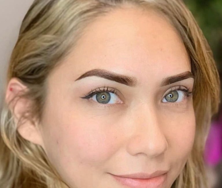 Dark define powder brow — bold, richly shaded permanent eyebrow with crisp definition framing the face at CC Styling Studio in Bradenton, FL