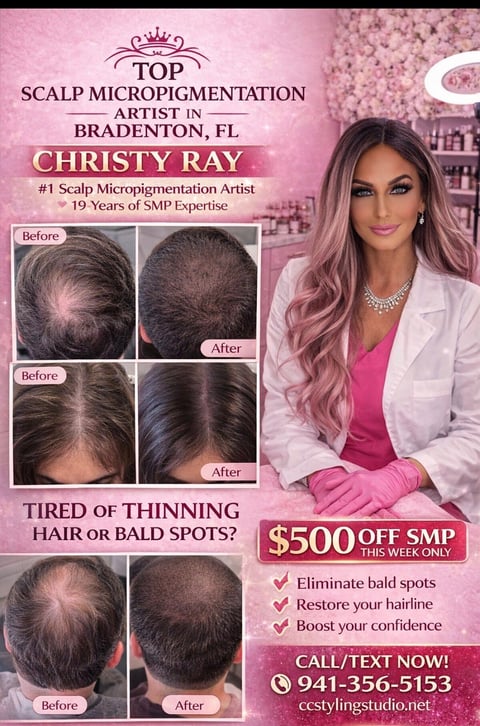 Promotional poster for Christy Ray, top scalp micropigmentation artist in Bradenton, FL, showing before and after hair restoration results with $500 off offer