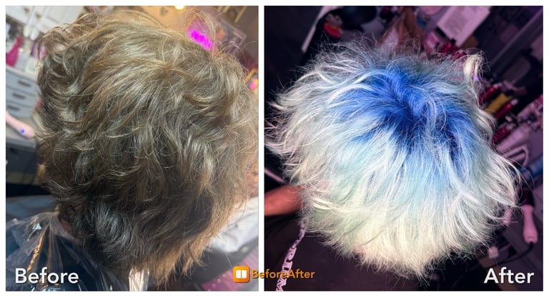 Before and after hair transformation showing gray hair dyed blue and white with textured styling - before
