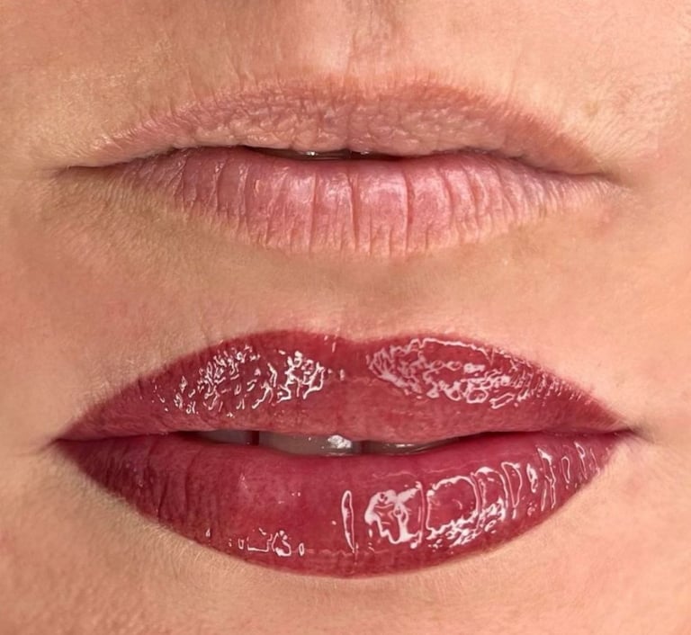 Before and after lip comparison showing natural nude lip color versus deep burgundy lip gloss application at CC Styling Studio Bradenton FL