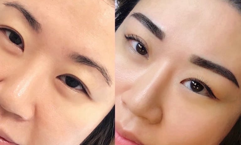 Before and after comparison of eyebrow microblading treatment showing enhanced brow definition and shape