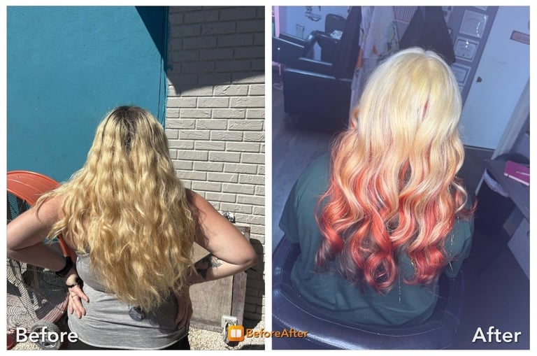 Before hair color transformation at CC Styling Studio in Bradenton, Florida — blonde hair before red ombré tips with wavy styling