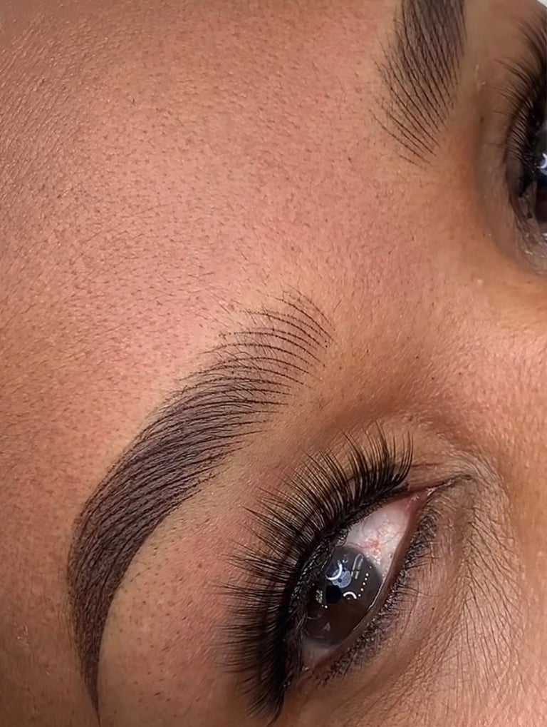 Beautiful microshaded permanent eyebrow with hair strokes at the front and shading at the end — defined dark brow with full lashes at CC Styling Studio in Bradenton, FL