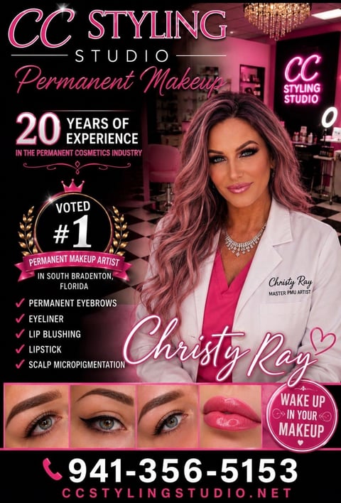 CC Styling Studio permanent makeup advertisement featuring Christy Ray, voted #1 artist in South Bradenton, Florida, with 20 years experience and service offerings.